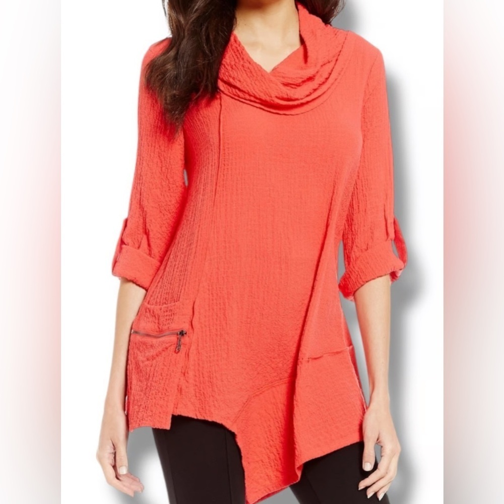Ali Miles Boho Asymmetrical Tunic Gauzy Cowl-Neck Lagenlook Zip Pocket Sz XL - Picture 1 of 10